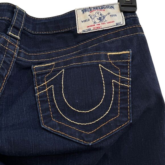 True Religion SZ 27 Skinny Jeans Low-Rise Embroidered Pockets Zip-Fly Dark Wash - Picture 9 of 13